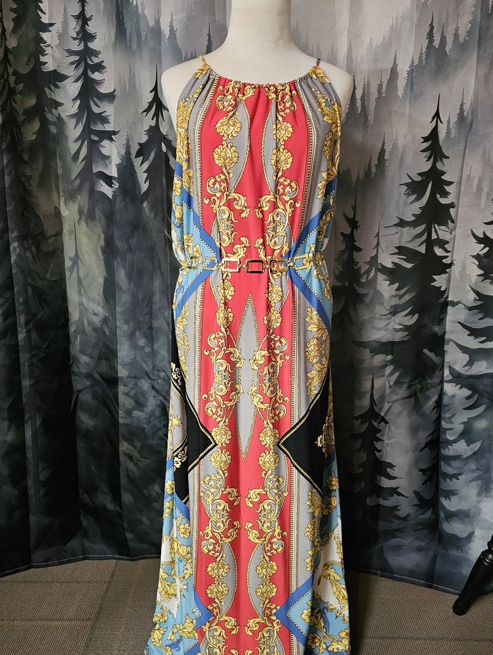Roz & Ali Coral, Blue & Gold Baroque Halter Maxi Dress Size 16